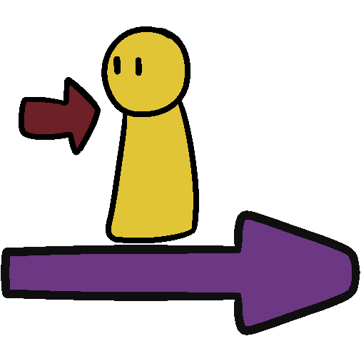 A yellow figure standing above a purple arrow pointing right.